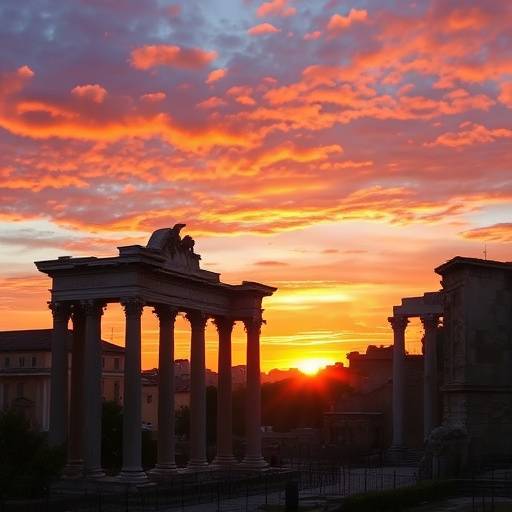 Il Foro Romano al tramonto, con antiche rovine e il cielo colorato.