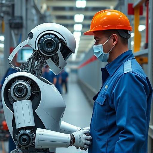 Un robot che collabora con un operaio in una fabbrica italiana, simboleggiando l'integrazione dell'intelligenza artificiale nell'industria