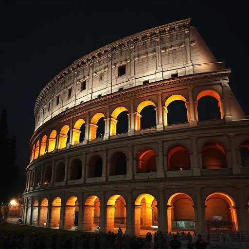 Veduta del Colosseo illuminato durante un evento culturale notturno a Roma